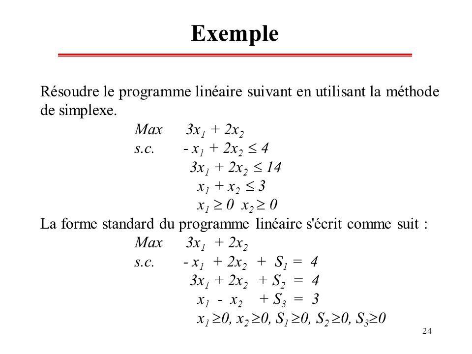Exemple Résoudre le programme linéaire suivant en utilisant la méthode de simplexe. Max 3x1 + 2x2.