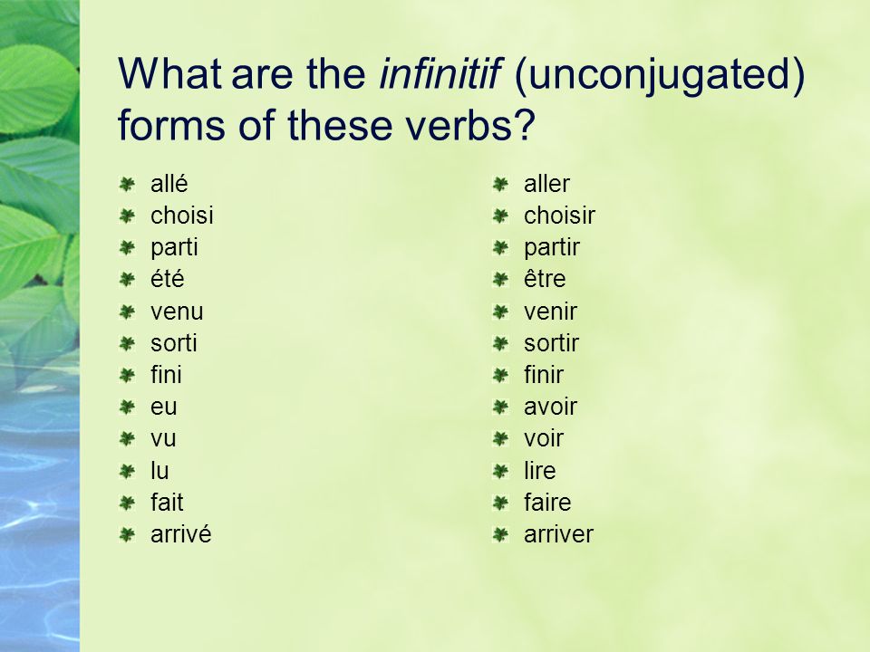 What are the infinitif (unconjugated) forms of these verbs