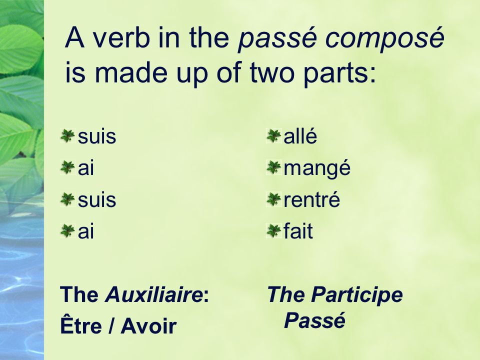 A verb in the passé composé is made up of two parts: