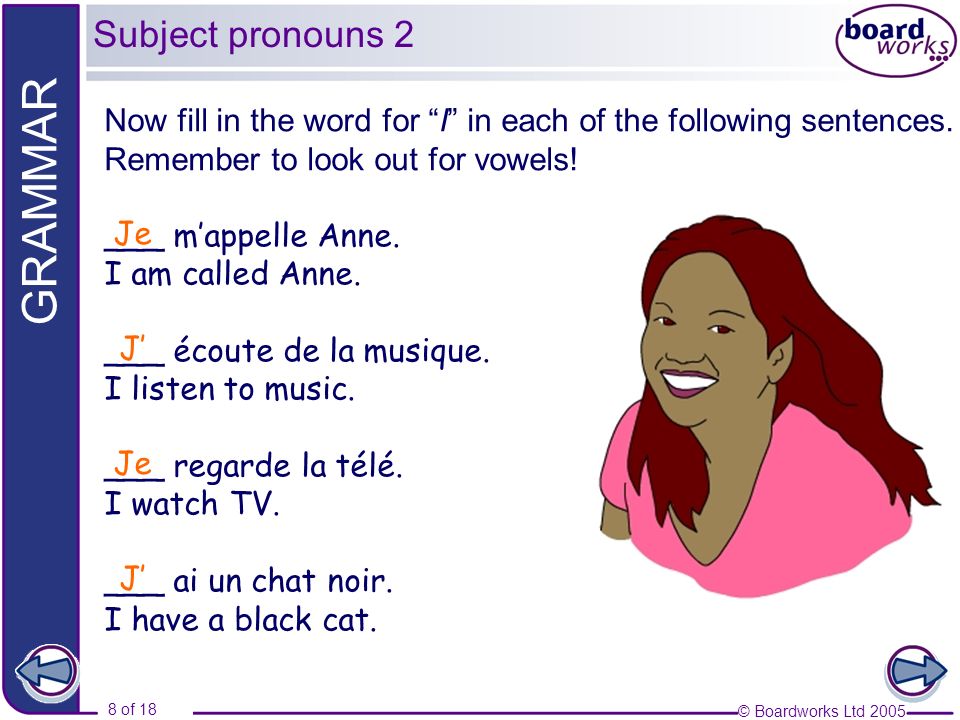 Subject pronouns 2 Now fill in the word for I in each of the following sentences. Remember to look out for vowels!