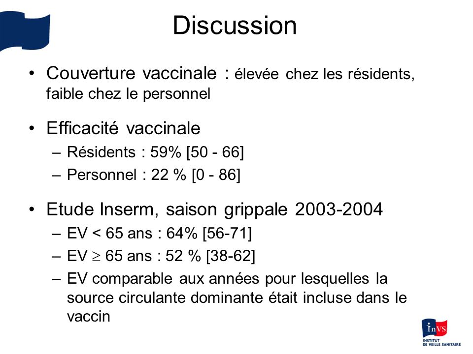 Discussion Couverture vaccinale : élevée chez les résidents, faible chez le personnel. Efficacité vaccinale.