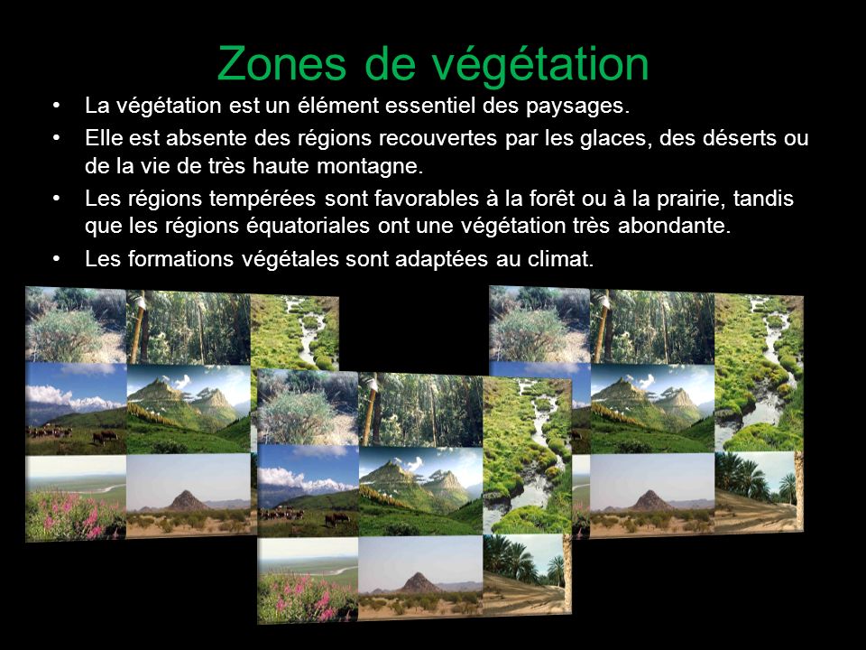 Zones de végétation La végétation est un élément essentiel des paysages.