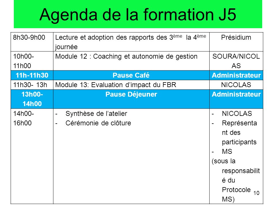 Agenda de la formation J5