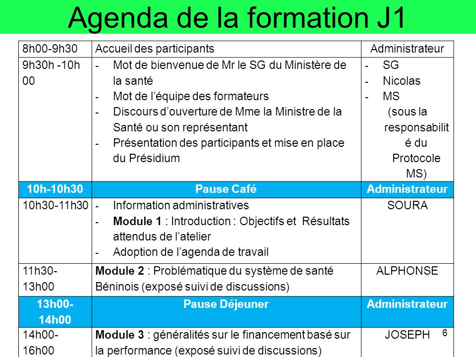 Agenda de la formation J1