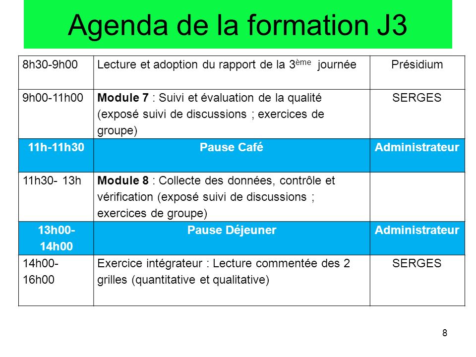 Agenda de la formation J3