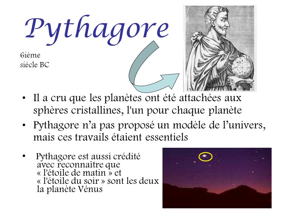 Pythagore Il a cru que les planètes ont été attachées aux sphères cristallines, l un pour chaque planète.