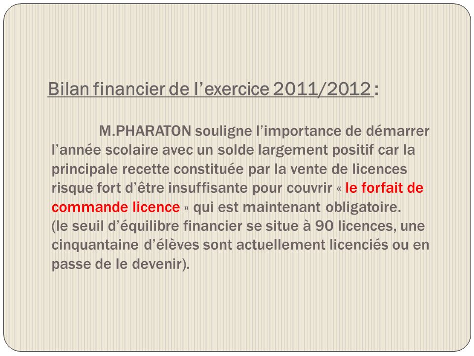 Bilan financier de l’exercice 2011/2012 :