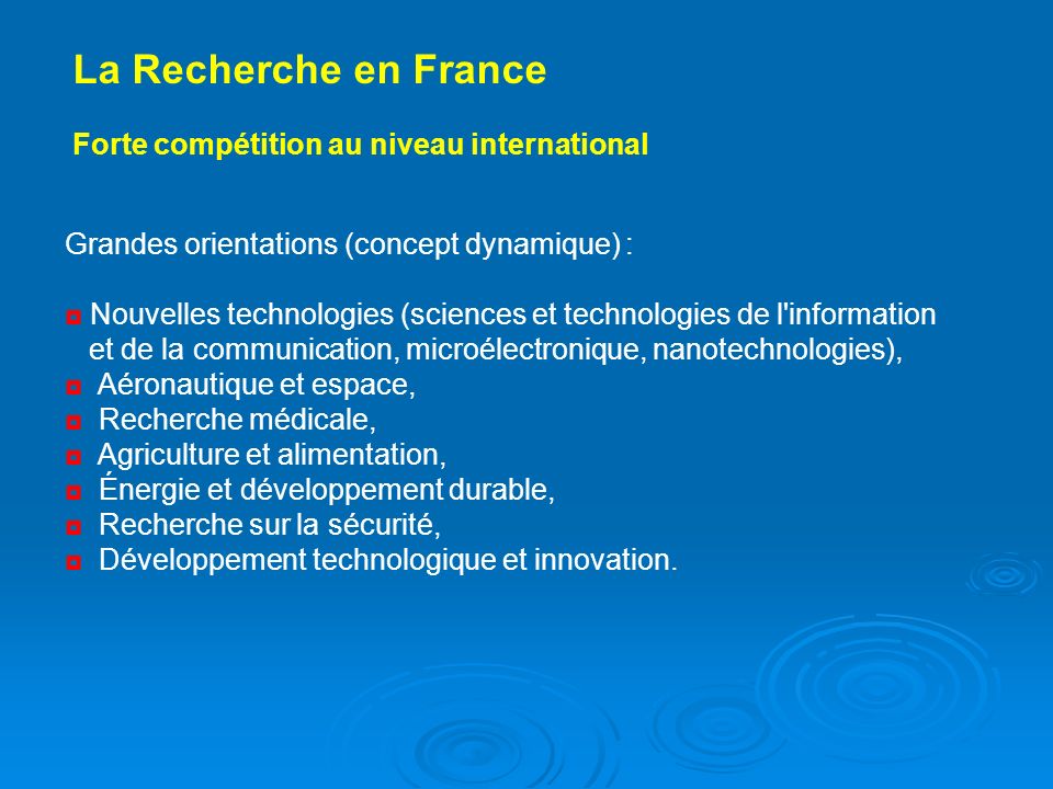 La Recherche en France Forte compétition au niveau international