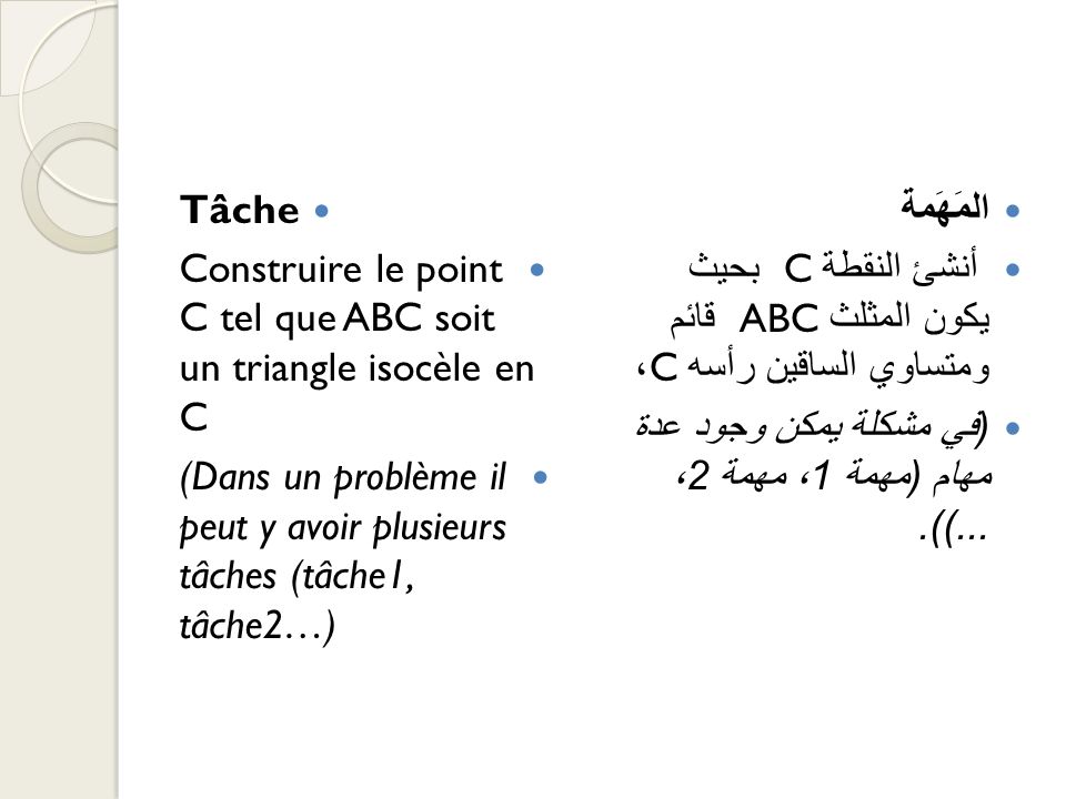 Tâche Construire le point C tel que ABC soit un triangle isocèle en C. (Dans un problème il peut y avoir plusieurs tâches (tâche1, tâche2…)