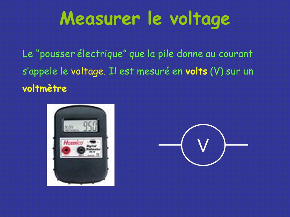 Measurer le voltage Le pousser électrique que la pile donne au courant s’appele le voltage. Il est mesuré en volts (V) sur un voltmètre.