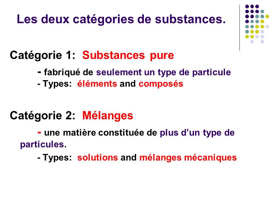 Les deux catégories de substances.