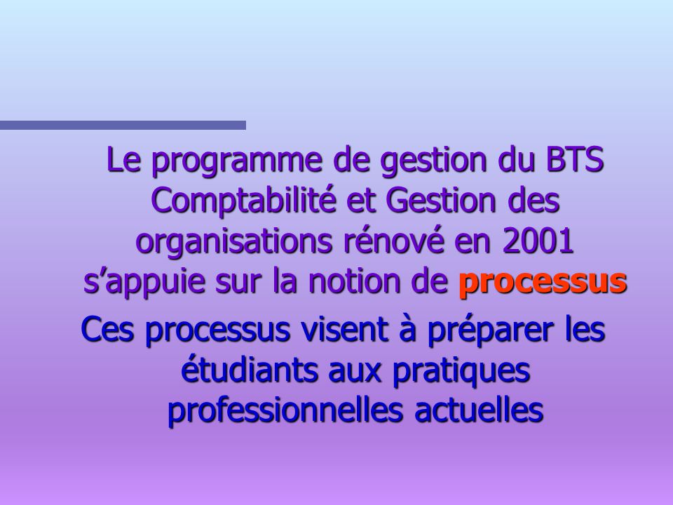 Le programme de gestion du BTS Comptabilité et Gestion des organisations rénové en 2001 s’appuie sur la notion de processus