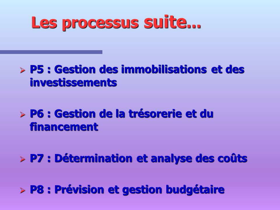 Les processus suite... P5 : Gestion des immobilisations et des investissements. P6 : Gestion de la trésorerie et du financement.