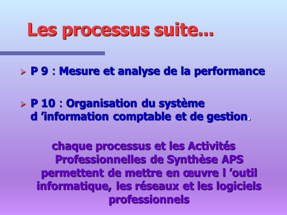 Les processus suite... P 9 : Mesure et analyse de la performance