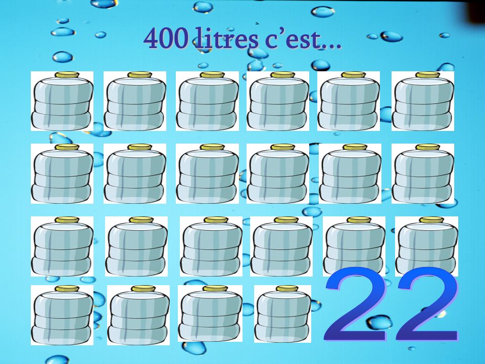400 litres c’est litres d’eau par jour c’est 22 grandes bouteilles bleues de 18 L.