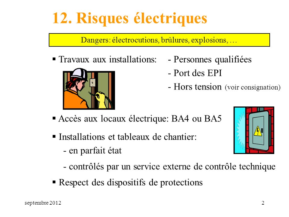 Dangers: électrocutions, brûlures, explosions, …