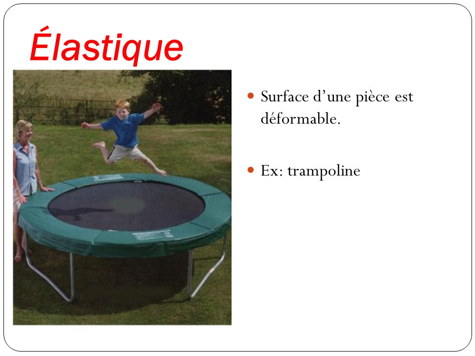 Élastique Surface d’une pièce est déformable. Ex: trampoline