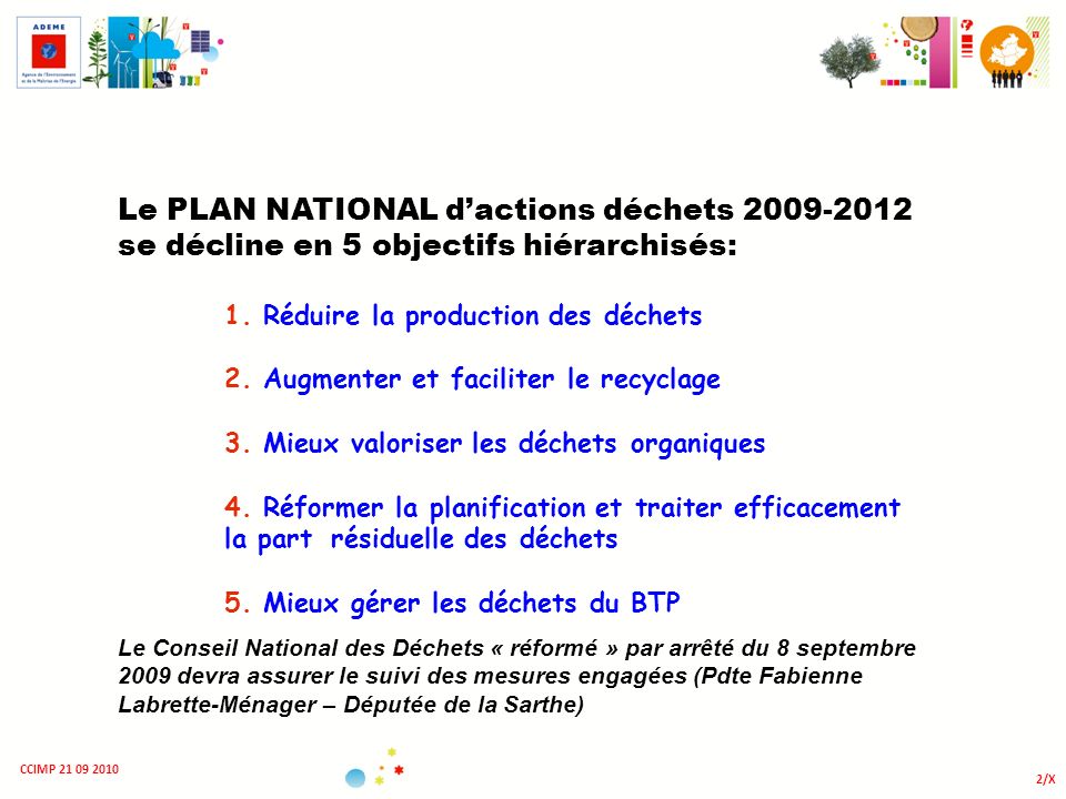 Le PLAN NATIONAL d’actions déchets se décline en 5 objectifs hiérarchisés: