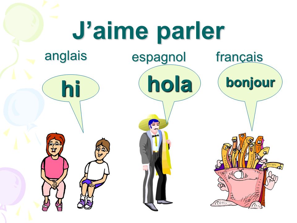 J’aime parler anglais espagnol français bonjour hola hi