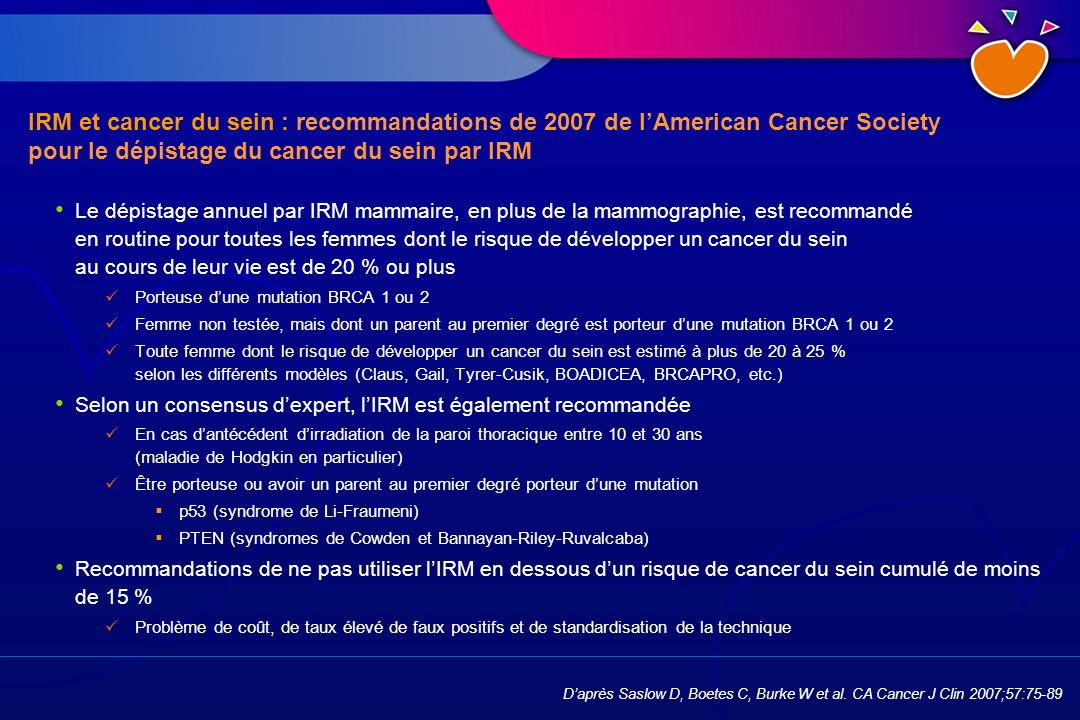IRM et cancer du sein : recommandations de 2007 de l’American Cancer Society pour le dépistage du cancer du sein par IRM
