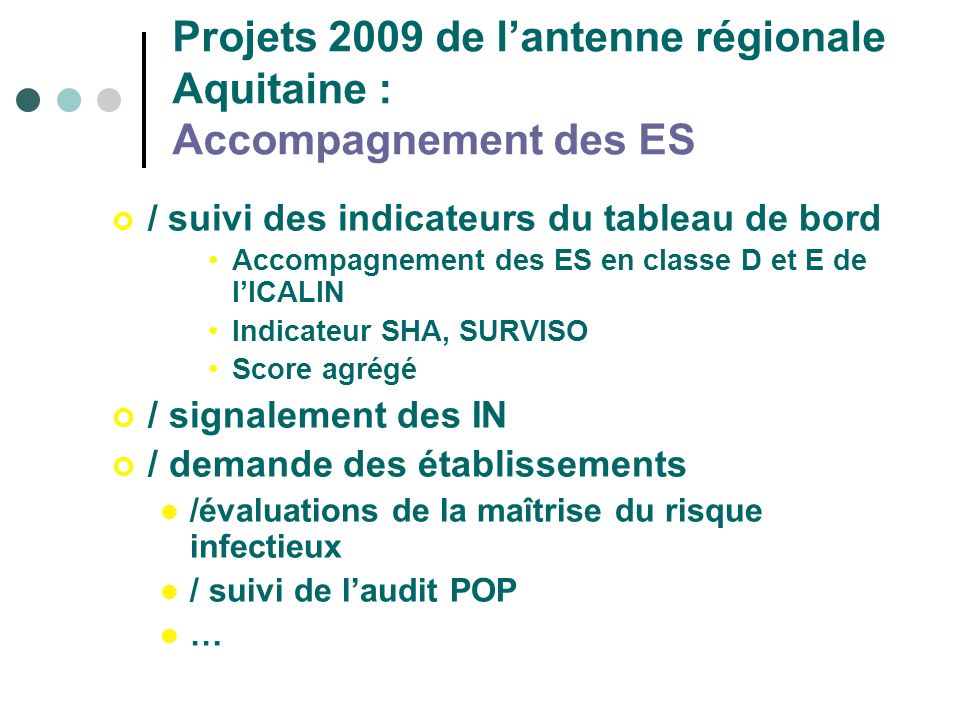 Projets 2009 de l’antenne régionale Aquitaine : Accompagnement des ES