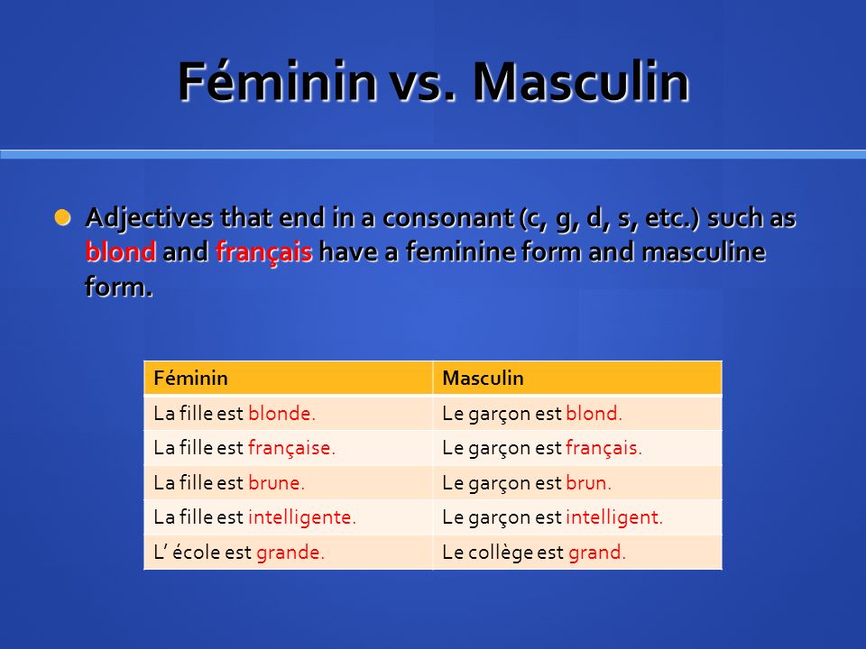 Féminin vs. Masculin Adjectives that end in a consonant (c, g, d, s, etc.) such as blond and français have a feminine form and masculine form.