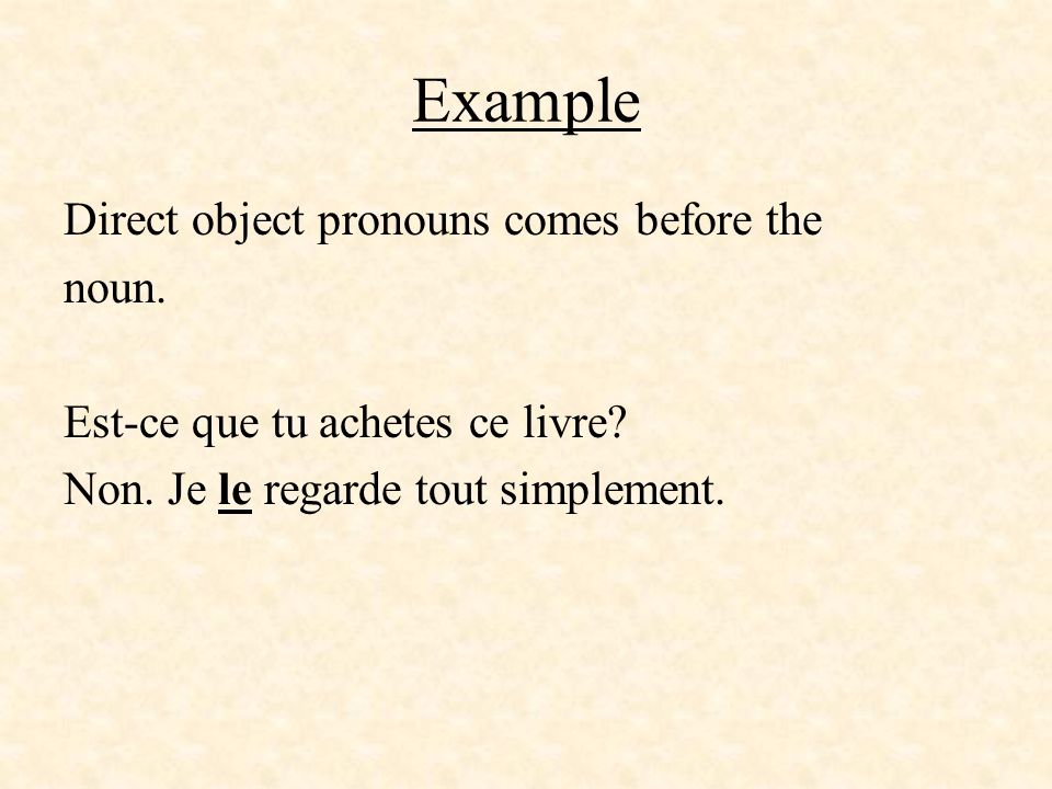 Example Direct object pronouns comes before the noun.