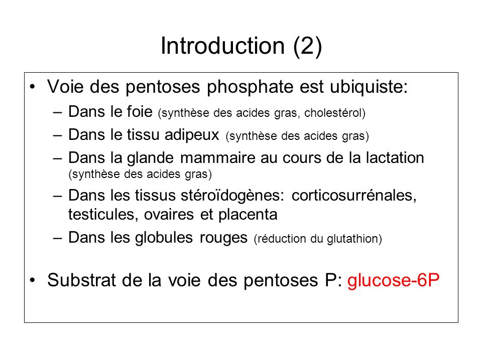 Introduction (2) Voie des pentoses phosphate est ubiquiste: