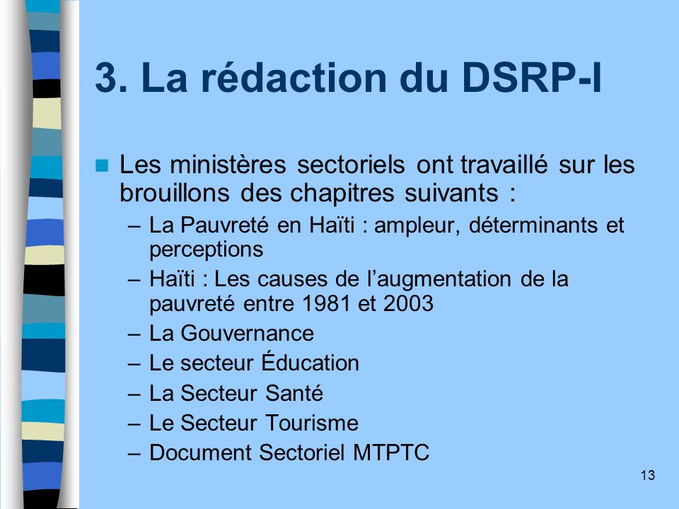 3. La rédaction du DSRP-I Les ministères sectoriels ont travaillé sur les brouillons des chapitres suivants :
