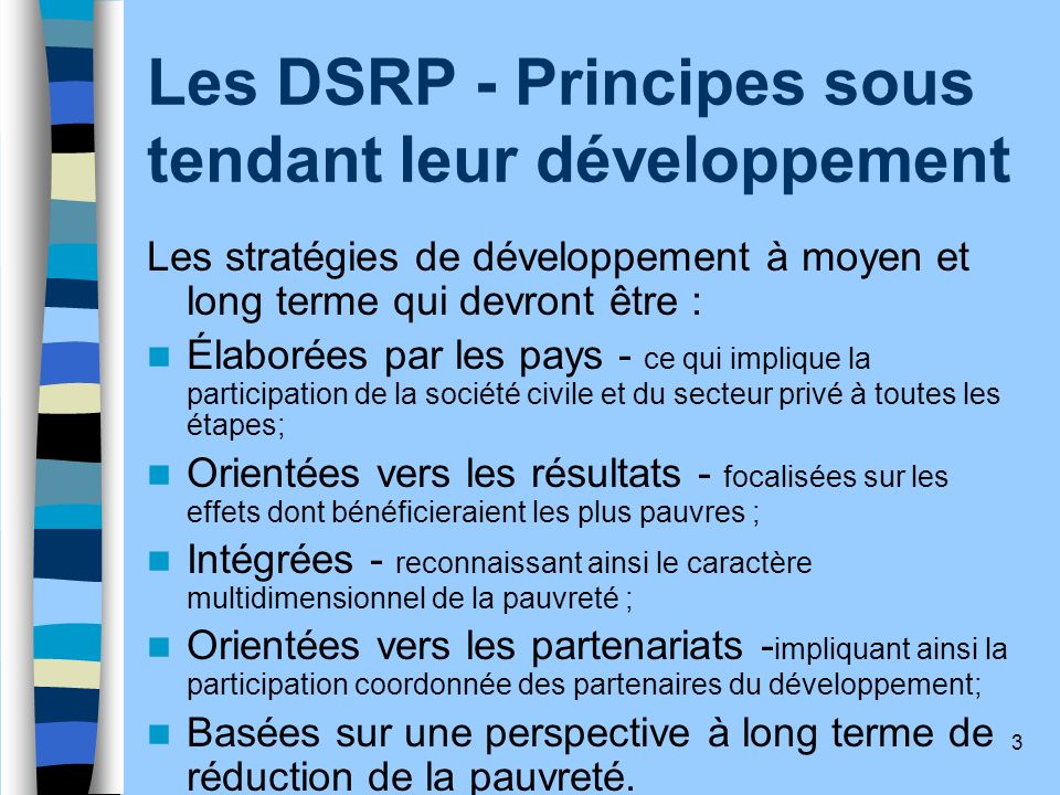Les DSRP - Principes sous tendant leur développement