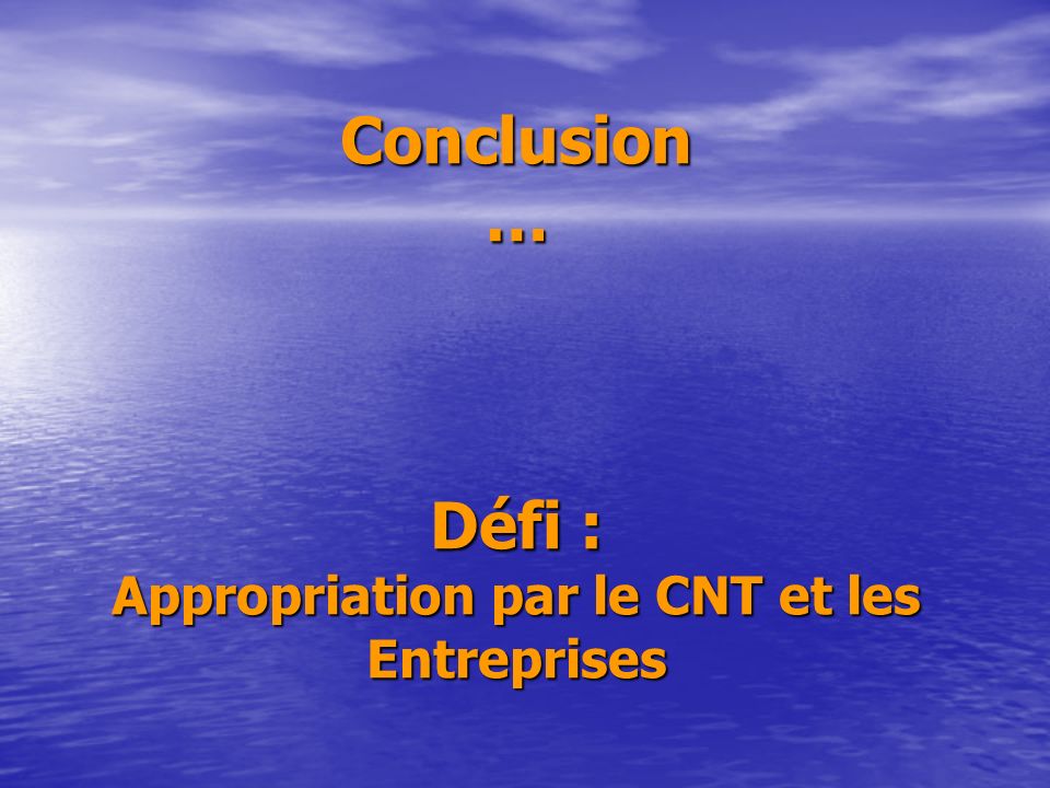 Conclusion … Défi : Appropriation par le CNT et les Entreprises