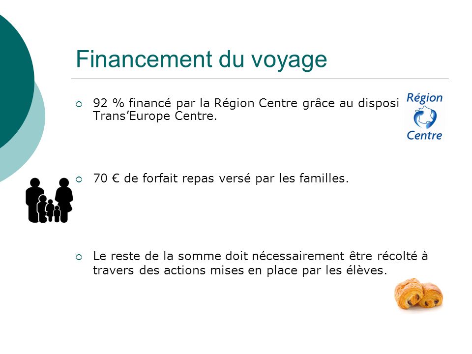 Financement du voyage 92 % financé par la Région Centre grâce au dispositif Trans’Europe Centre. 70 € de forfait repas versé par les familles.
