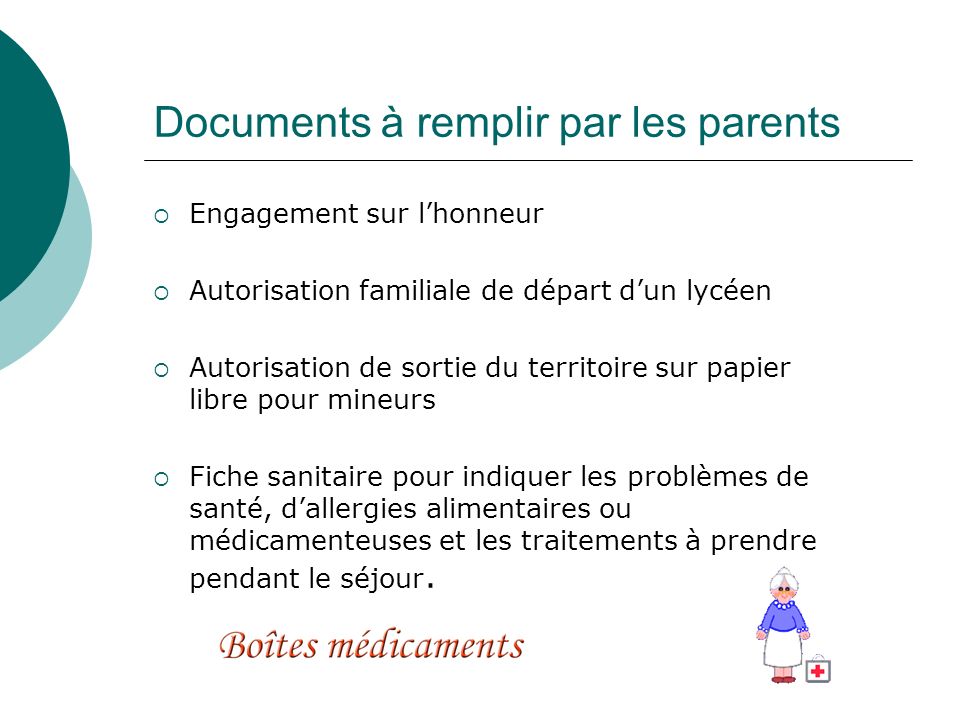 Documents à remplir par les parents
