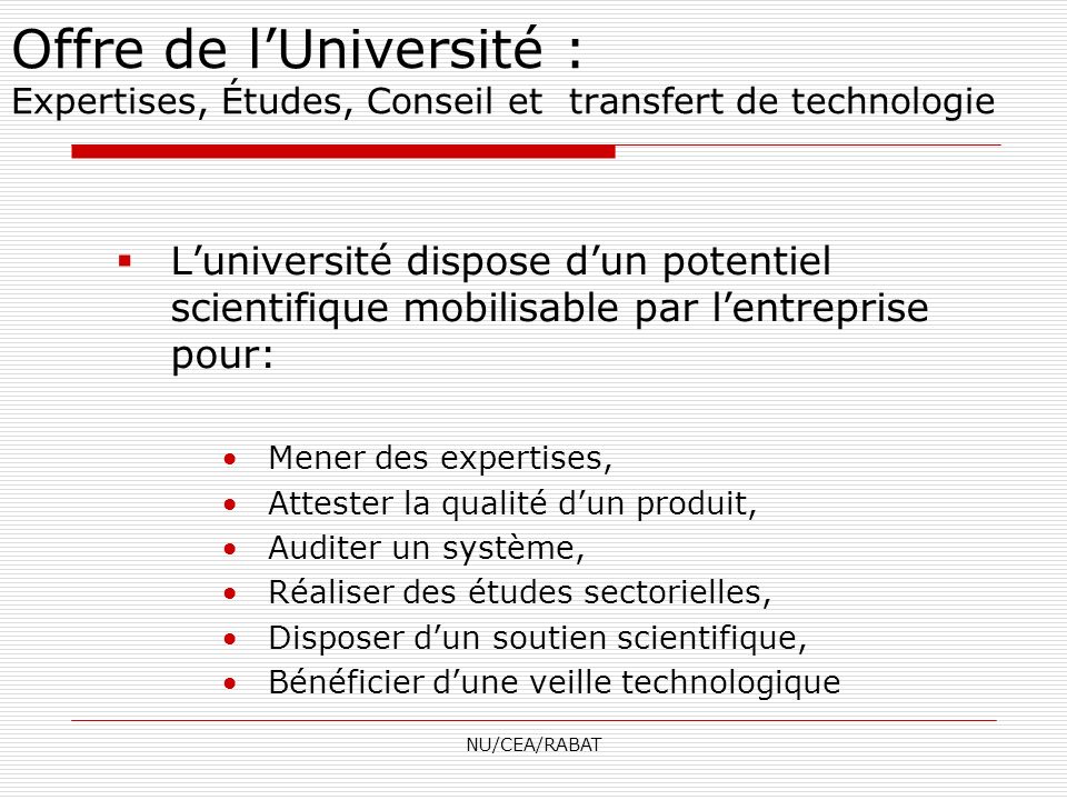 Offre de l’Université : Expertises, Études, Conseil et transfert de technologie
