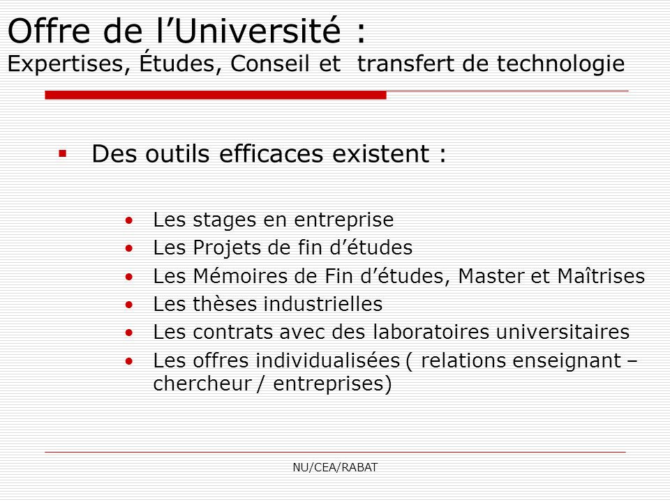 Offre de l’Université : Expertises, Études, Conseil et transfert de technologie