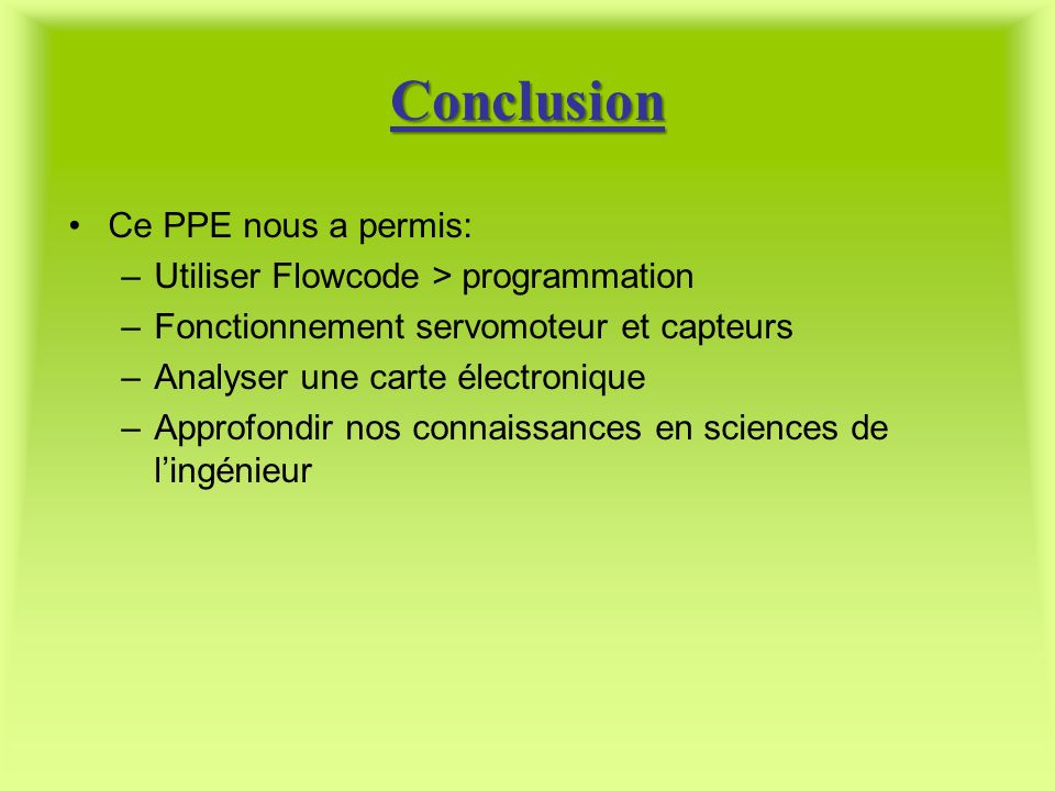 Conclusion Ce PPE nous a permis: Utiliser Flowcode > programmation