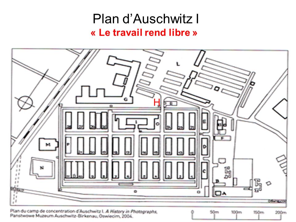 Plan d’Auschwitz I « Le travail rend libre » H