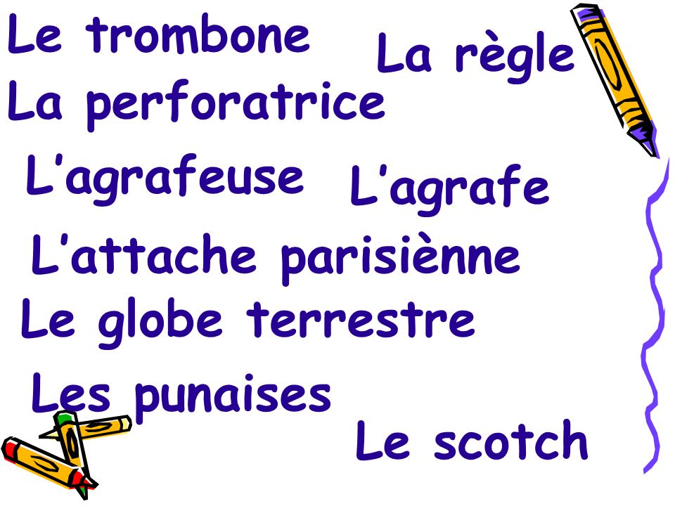 Le trombone La règle. La perforatrice. L’agrafeuse. L’agrafe. L’attache parisiènne. Le globe terrestre.