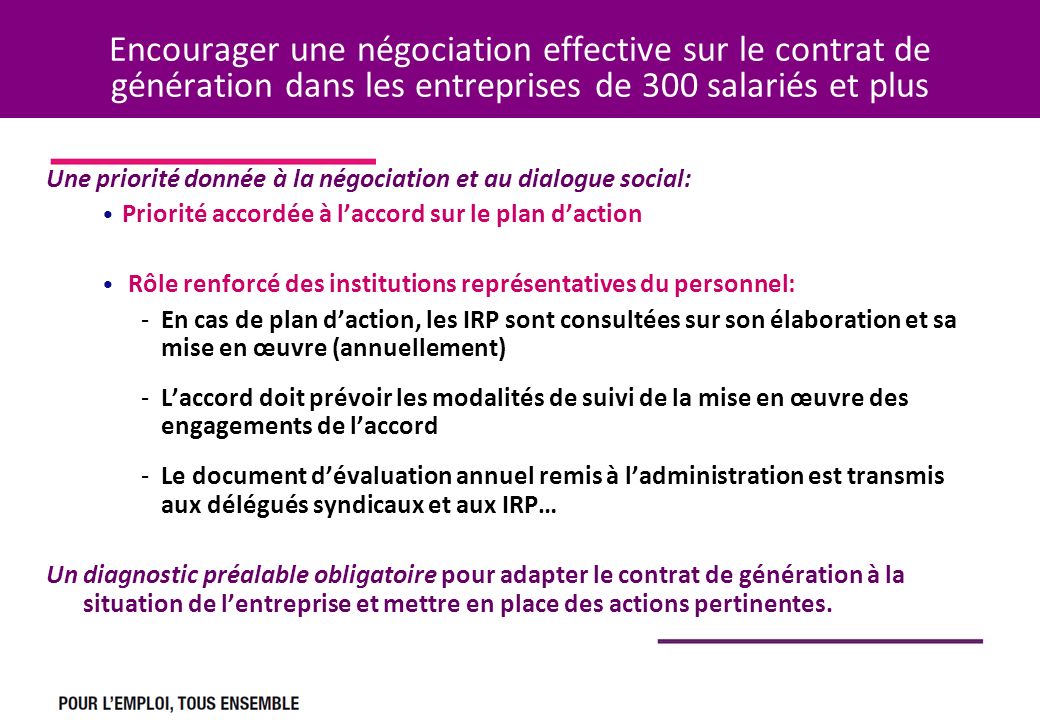 Encourager une négociation effective sur le contrat de génération dans les entreprises de 300 salariés et plus