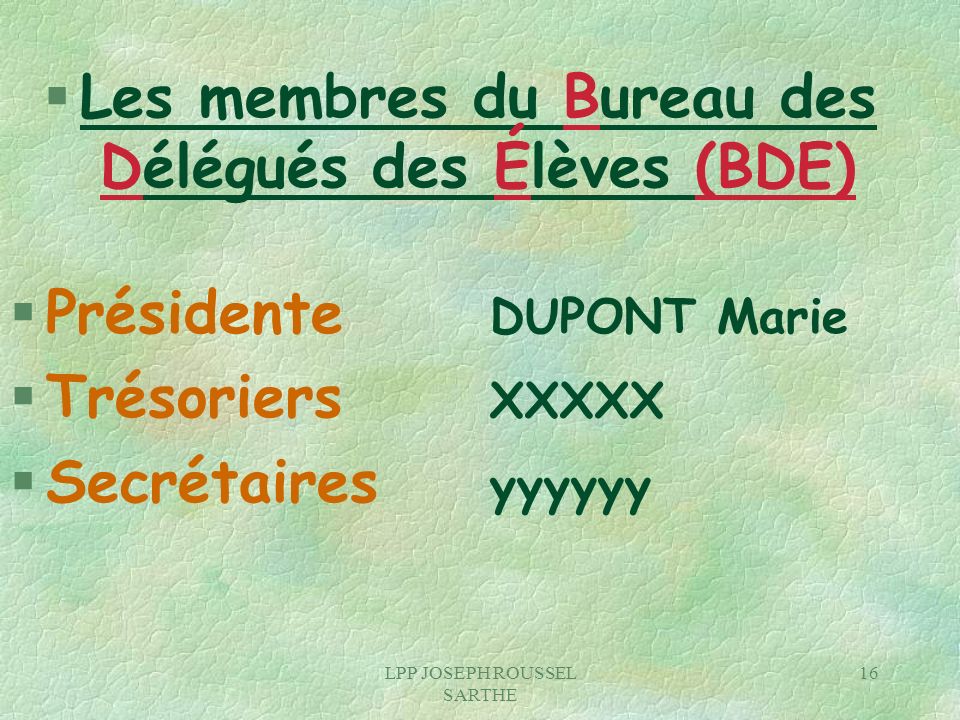 Les membres du Bureau des Délégués des Élèves (BDE)