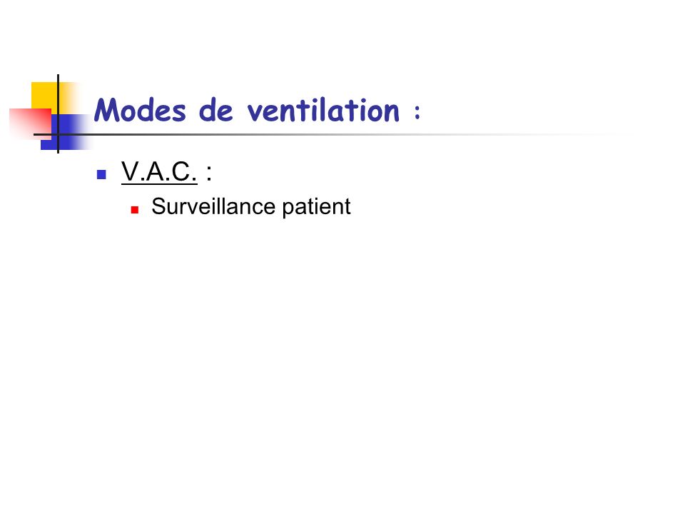 Modes de ventilation : V.A.C. : Surveillance patient