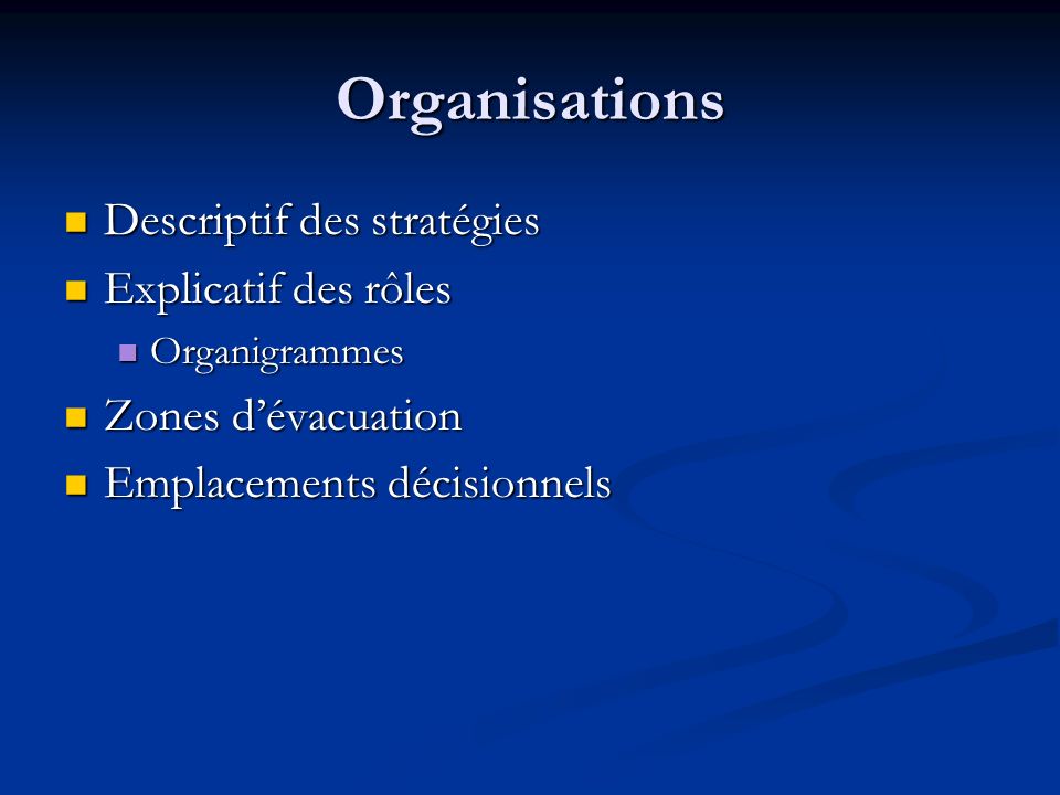 Organisations Descriptif des stratégies Explicatif des rôles