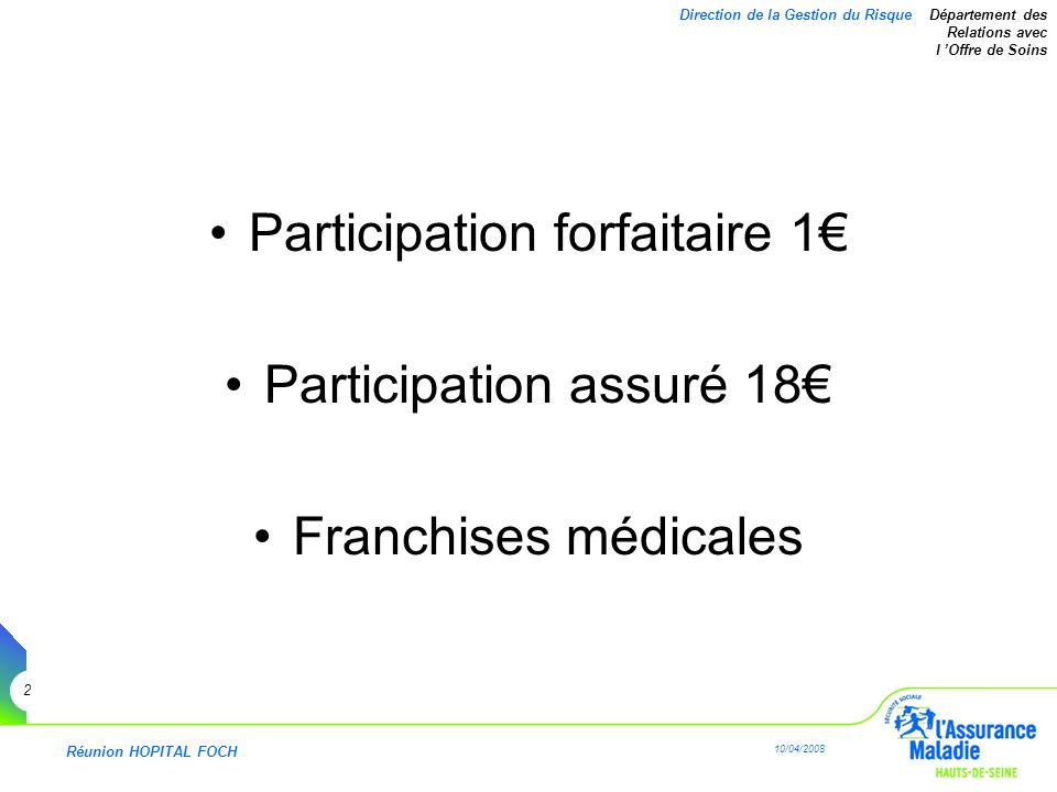 Participation forfaitaire 1€ Participation assuré 18€