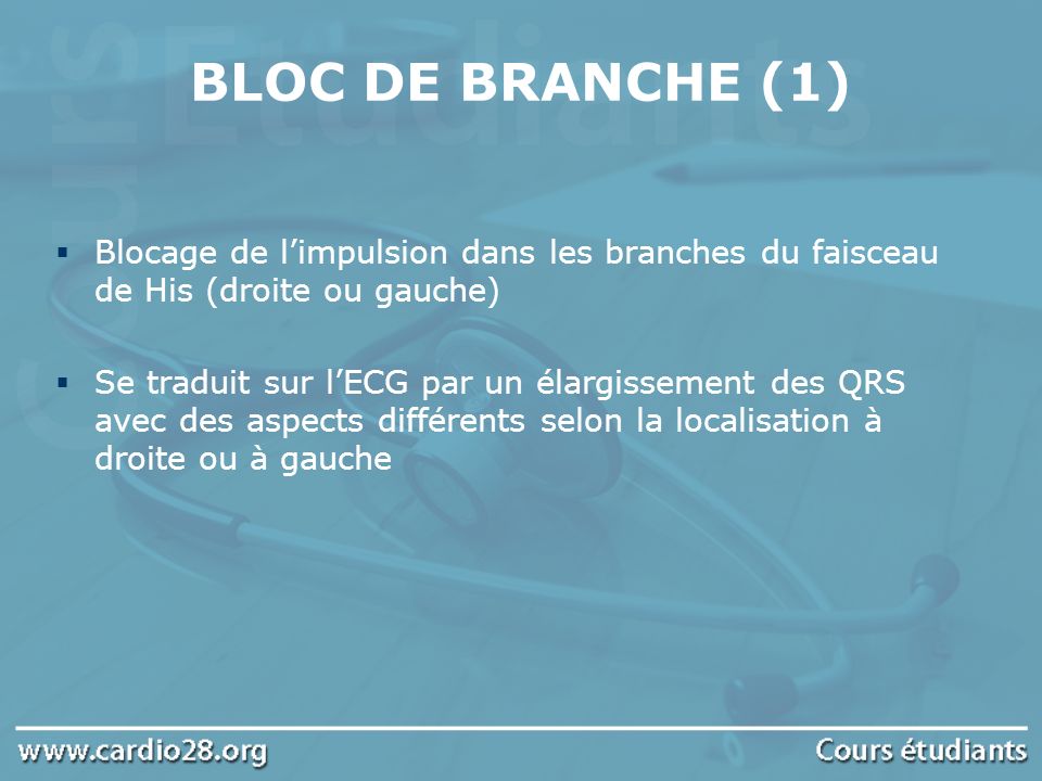 BLOC DE BRANCHE (1) Blocage de l’impulsion dans les branches du faisceau de His (droite ou gauche)