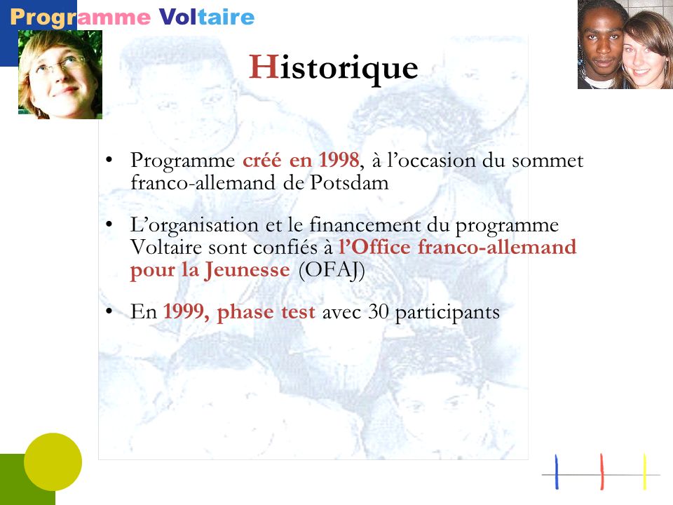Historique Programme créé en 1998, à l’occasion du sommet franco-allemand de Potsdam.