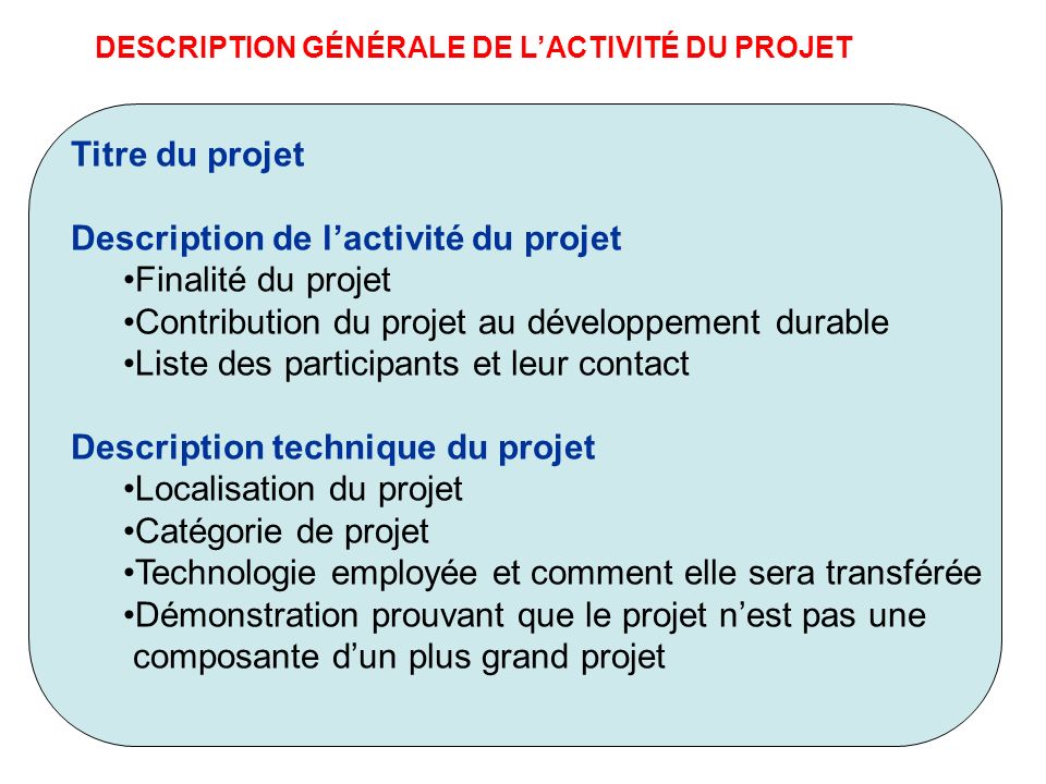 Description de l’activité du projet Finalité du projet