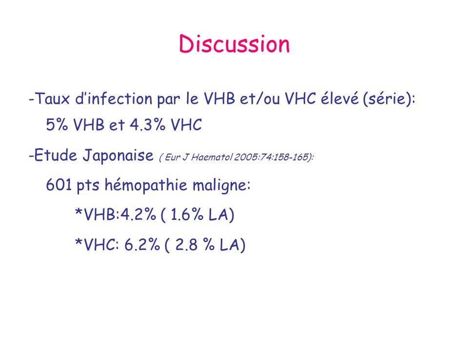 Discussion -Taux d’infection par le VHB et/ou VHC élevé (série): 5% VHB et 4.3% VHC. -Etude Japonaise ( Eur J Haematol 2005:74: ):