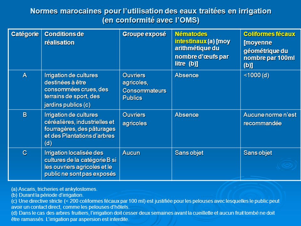 Normes marocaines pour l’utilisation des eaux traitées en irrigation (en conformité avec l’OMS)