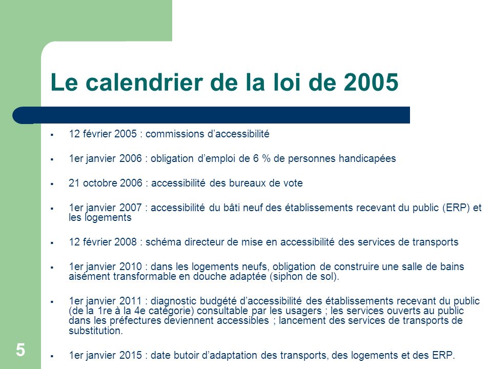 Le calendrier de la loi de 2005