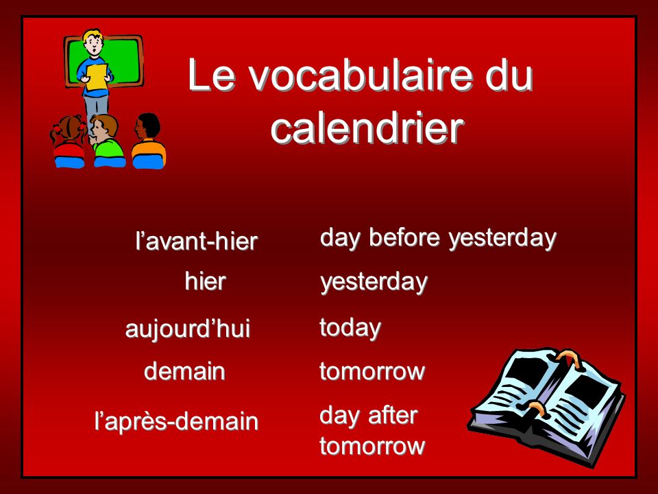 Le vocabulaire du calendrier l’avant-hier day before yesterday hier